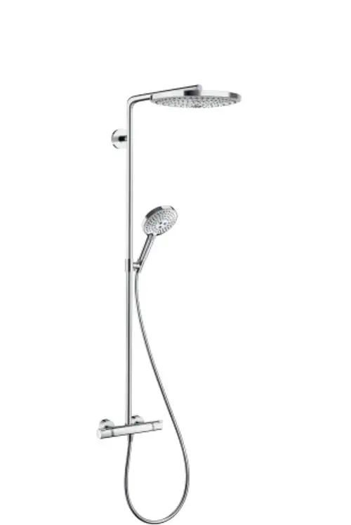 Hansgrohe Duschsystem mit Regendusche und Handbrause, ausgestattet mit Thermostat zur Temperaturregelung und verchromter Oberfläche. Ideal für moderne Badezimmer.
